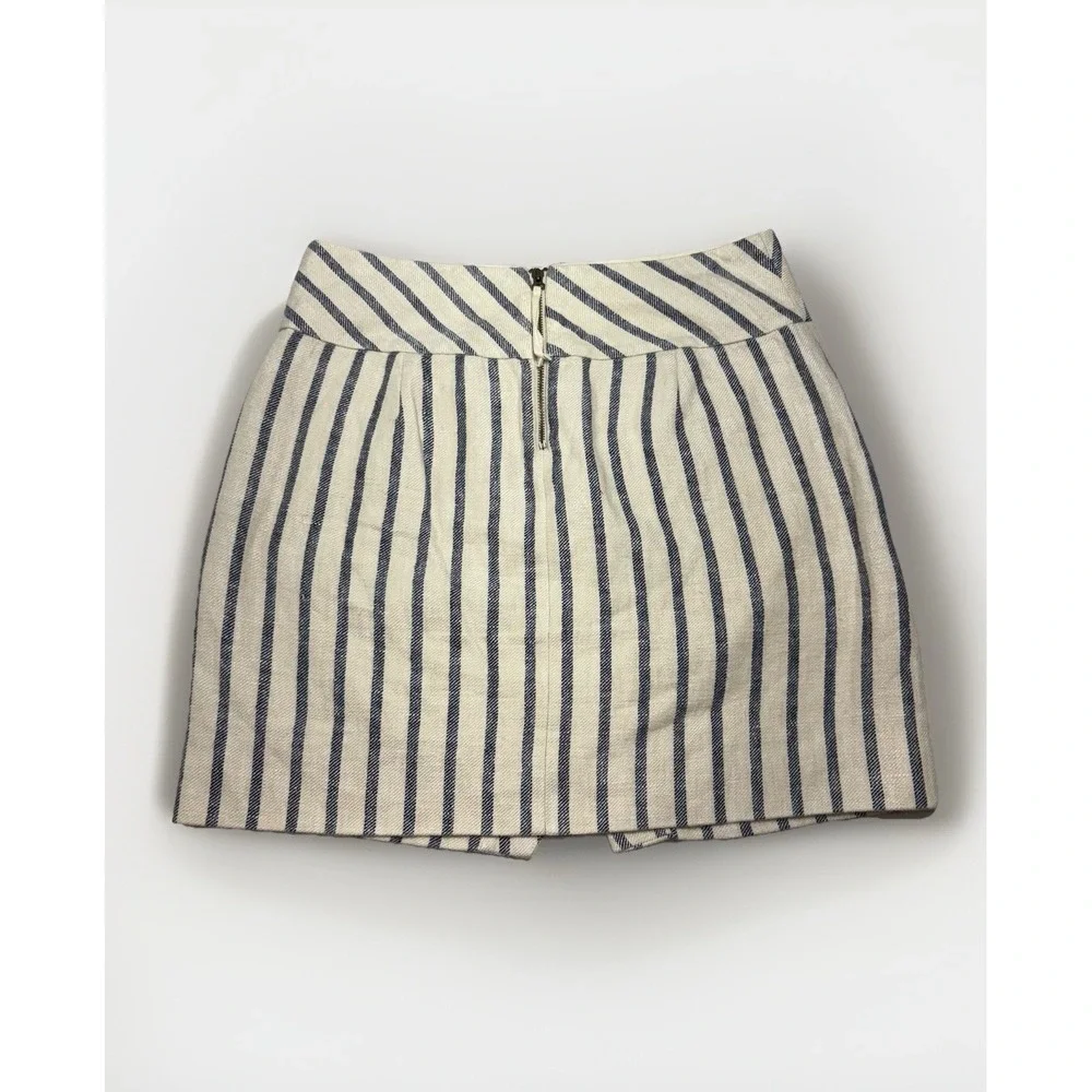 J. Crew 100% Linen Wrap Skirt‎ Ivory Navy Stripe Women 4 Zip Lined Above Knee
